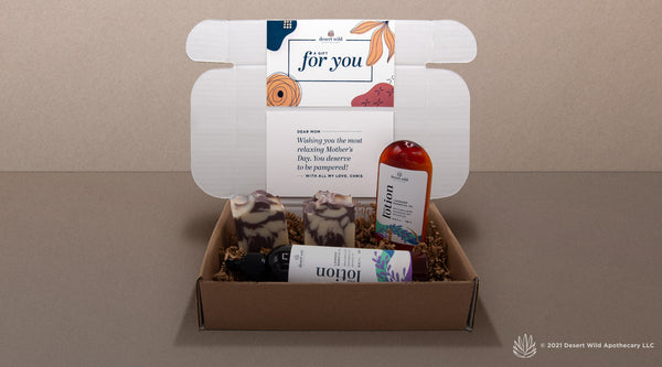Gift box open with with custom gift card, Lavender Soap, Lavender Hand and body Lotion