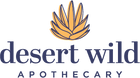 Desert Wild logo, yellow succulent with the words "desert wild" in lowercase serif type) with apothecary below (in all caps sans serif type).